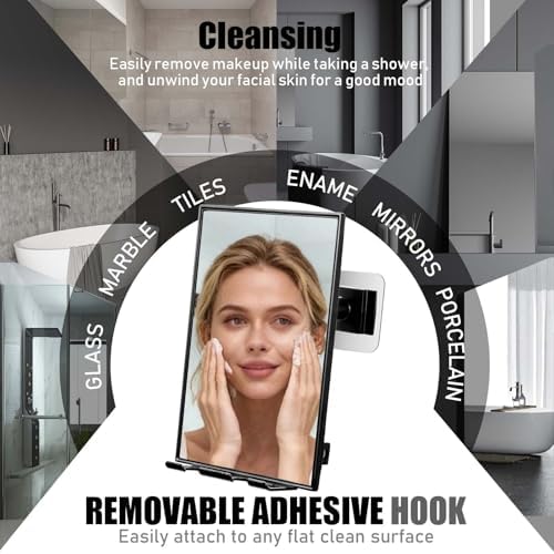 LFOYOU Shower Mirror for Shaving & Washing Your Face with a Squeegee - Built-in Two Razor Holder, 360°Rotation Adjustable Shaving Bathroom Mirror - Easy Install, Home Shower Accessory(Not Fogless)