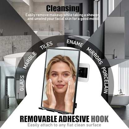 LFOYOU Shower Mirror for Shaving & Washing Your Face with a Squeegee - Built-in Two Razor Holder, 360°Rotation Adjustable Shaving Bathroom Mirror - Easy Install, Home Shower Accessory(Not Fogless)