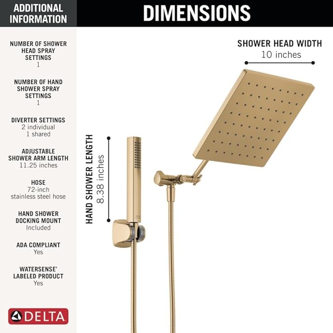 Delta Faucet 10-inch Raincan Shower Head and Hand Held Shower Combo, Gold Square Shower Head, Rainfall Shower Head, Hand Shower, High Pressure Shower, 1.75 GPM Flow Rate, Champagne Bronze 75527-CZ