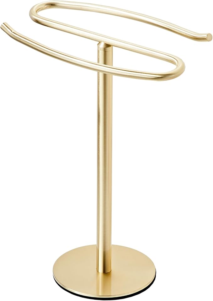 Light Brushed Gold Hand Towel Holder Stand, 13-Inch Tall Freestanding Towel Rack with Weighted Base, SUS304 Stainless Steel Countertop Towel Stand for Bathroom Vanity and Kitchen