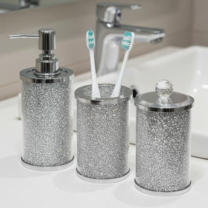 Escenzy Crushed Diamond Bathroom Accessories Set 3 Pcs | Silver Crystal Glass Soap Dispenser, Toothbrush Holder, Tumbler | Luxury Glam Bathroom Decor | Modern Vanity Organizer Gift