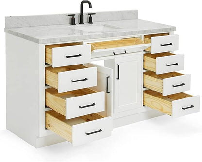 ARIEL Hepburn 60-inch Bathroom Vanity with Sink,Solid Wood, 1.5-inch Italian Carrara Marble Countertop, Single Rectangular Porcelain Sink, 2 Soft Closing Doors, 9 Dovetail Drawers, White