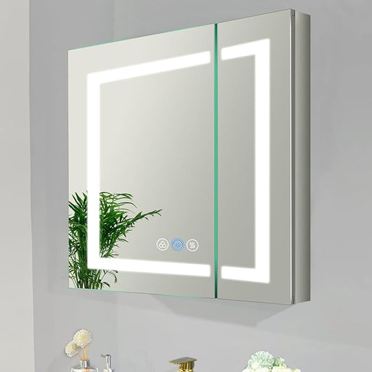 Lighted Medicine Cabinet with Mirror Outlet,30 X 26 Inch,Recessed Or Surface-Mounted Led Medicine Cabinet Mirror for Bathroom Storage,Interior Light, Double Door,Defog,Stepless Dimming