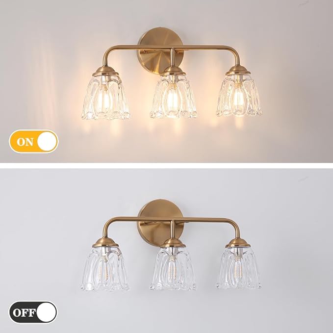 3-Light Bathroom Vanity Light Gold, Vintage Vanity Light Fixtures Over Mirror, Brass Bathroom Light with Flower Glass Shade, Art Deco Wall Sconce Lighting for Bedroom, Living Room