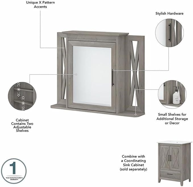 Bush Home Key West Bathroom Medicine Cabinet with Mirror in Driftwood Gray