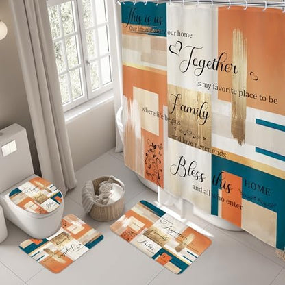 Beige Orange Blue Abstract Oil 4Pcs Bathroom Shower Curtain Set with Rugs