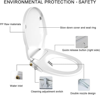 Toilet Seat Bidet Seat with Self Cleaning Dual Nozzles Non electric Separated Rear & Feminine Cleaning Natural Water Spray, soft close toilet seat,Easy DIY Installation