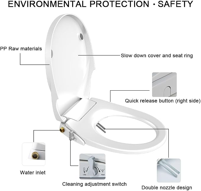 Toilet Seat Bidet Seat with Self Cleaning Dual Nozzles Non electric Separated Rear & Feminine Cleaning Natural Water Spray, soft close toilet seat,Easy DIY Installation