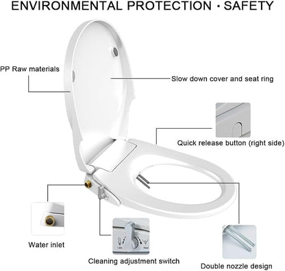 Toilet Seat Bidet Seat with Self Cleaning Dual Nozzles Non electric Separated Rear & Feminine Cleaning Natural Water Spray, soft close toilet seat,Easy DIY Installation