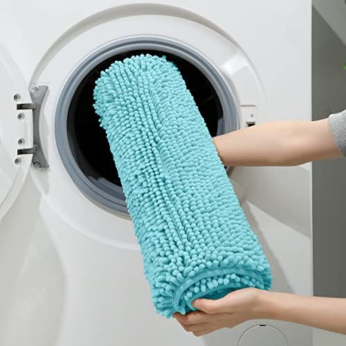 HOMEIDEAS Aqua Blue Chenille Bathroom Rugs Set of 3, Non Slip Bath Mat