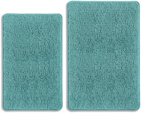 Teal Bathroom Rugs Sets 2 Piece – Absorbent and Washable Bath Mat, Non-Slip, Thick Soft Chenille Bath Rugs for Bathroom Floor, Shower, Sink - 20" x 32"+24" x 36"