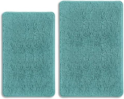 Teal Bathroom Rugs Sets 2 Piece – Absorbent and Washable Bath Mat, Non-Slip, Thick Soft Chenille Bath Rugs for Bathroom Floor, Shower, Sink - 20" x 32"+24" x 36"