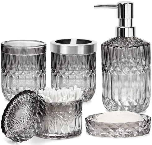 Bathroom Clear Glass Accessories Set, 5Pcs Bathroom Soap Dispenser Set, Glass Bathroom Accessories with Glass Soap Dispenser, Soap Dish, Toothbrush Holder, Tumbler, Cotton Swab Jar (Black & Clear)
