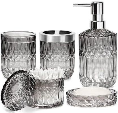 Bathroom Clear Glass Accessories Set, 5Pcs Bathroom Soap Dispenser Set, Glass Bathroom Accessories with Glass Soap Dispenser, Soap Dish, Toothbrush Holder, Tumbler, Cotton Swab Jar (Black & Clear)