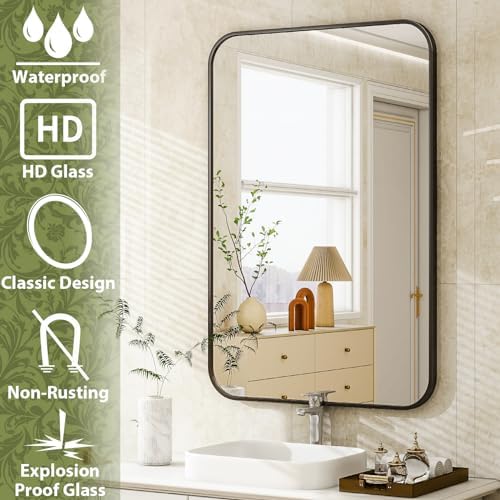Easly 20 x 28 Inch Bathroom Mirror, Rounded Rectangular Vanity Mirror for Wall, Modern Mirror for Room Decor, Black Framed Wall-Mounted Mirrors for Home Decor, Hangs Horizontally or Vertically