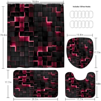 LQCOOL 4Pcs Pink Shower Curtain Set 3D Cubes Bathroom Sets Modern Shower Curtain Set for Bathroom Sets with Rugs Black and Pink Shower Curtain with 12 Hooks
