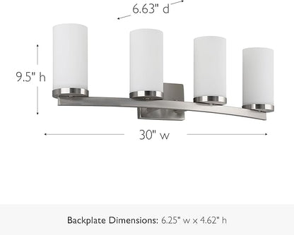Design House Desta Vanity Light, 4-Light, Curved Bar Design, Frosted Glass Glow, Dimmable, Up/Down Mountable, E26 Socket, Satin Nickel, 30.0 in L x 6.6 in W x 9.5 in H, 589168-SN