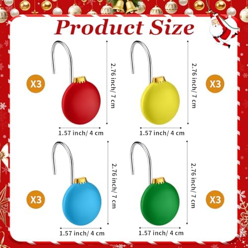 Thyle 12 Pcs Christmas Ball Shower Curtain Hooks, Christmas Ball Ornament Decorative Rings Xmas Shower Curtain Hooks Holiday Decorative for Bathroom Accessories