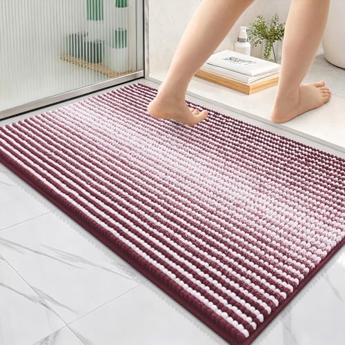 OLANLY Bathroom Rugs 36x24, Soft Chenille Striped Bath Rugs, Burgundy