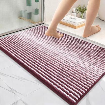 OLANLY Bathroom Rugs 36x24, Soft Chenille Striped Bath Rugs, Burgundy