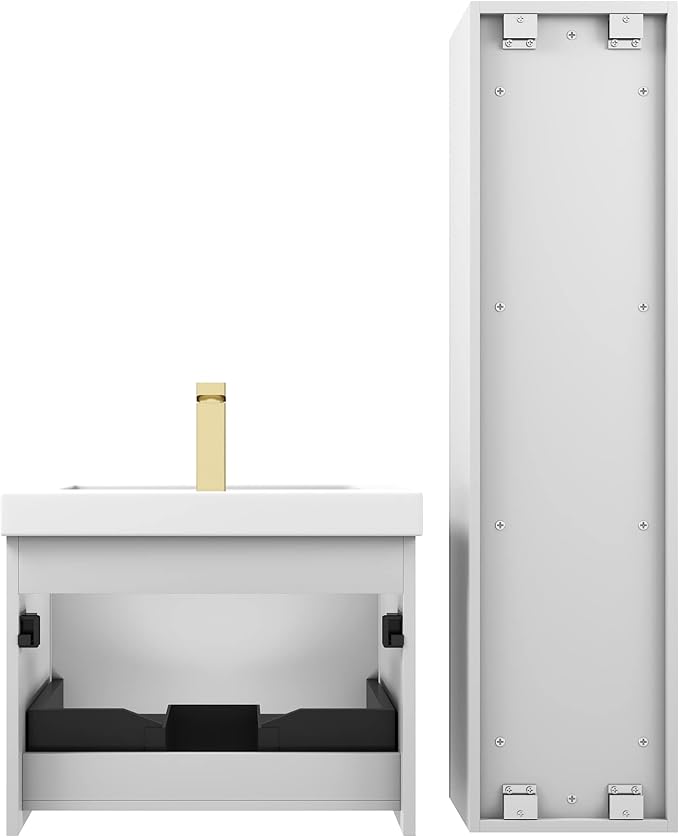 Blossom 24 Inch Bathroom Vanity with Sink and Side Cabinet, All Wood Floating Bathroom Vanity with Acrylic Sink, Bathroom Sink Cabinet with Soft-Close Drawer, Modern Style Vanities, Light Grey