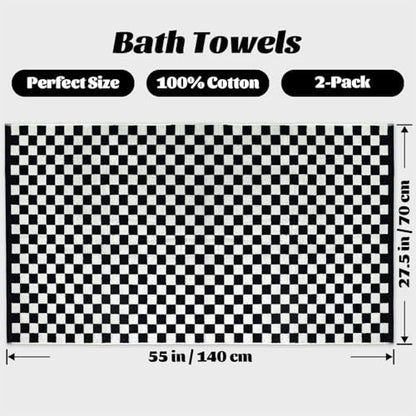 Jacquotha Black and White Checkered Cotton Bath Towels Set of 2