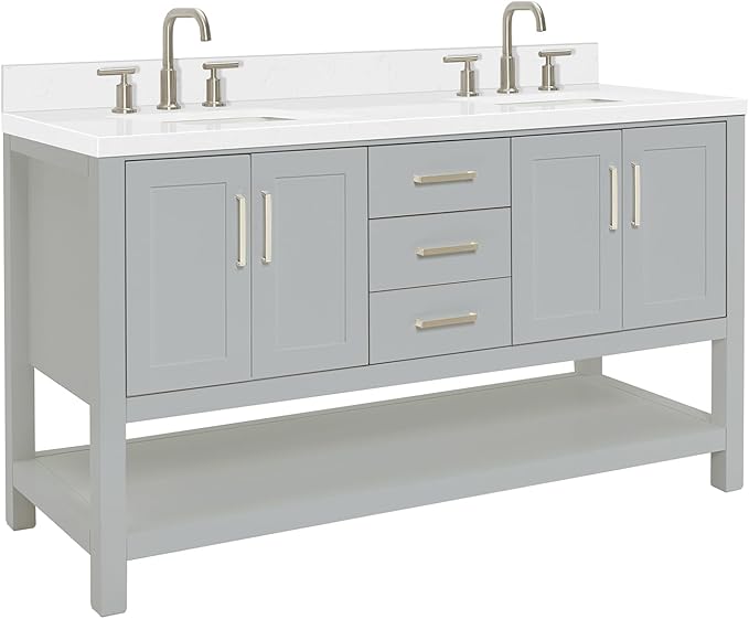 ARIEL Magnolia 60-inch Bathroom Vanity with Sink,Solid Wood, 1.5-inch Carrara White Quartz Countertop & Backsplash, Double Rectangular Porcelain Sink, 4 Soft Closing Doors, 3 Dovetail Drawers, Grey