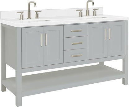 ARIEL Magnolia 60-inch Bathroom Vanity with Sink,Solid Wood, 1.5-inch Carrara White Quartz Countertop & Backsplash, Double Rectangular Porcelain Sink, 4 Soft Closing Doors, 3 Dovetail Drawers, Grey