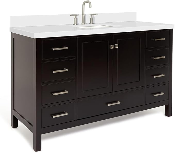 ARIEL Cambridge 60-inch Bathroom Vanity with Sink,Solid Wood, 1.5-inch Pure White Quartz Countertop, Single Rectangular Porcelain Sink, 2 Soft Closing Doors, 9 Dovetail Drawers, Espresso