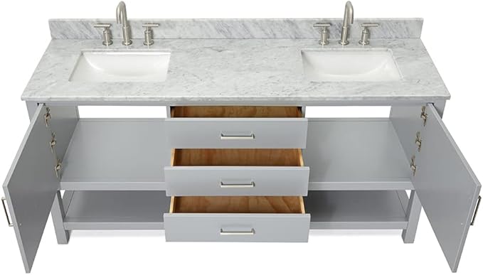 ARIEL Bayhill 72-inch Bathroom Vanity with Sink,Solid Wood, 0.75-inch Italian Carrara Marble Countertop, Double Rectangular Porcelain Sink, 2 Soft Closing Doors, 3 Dovetail Drawers, Grey
