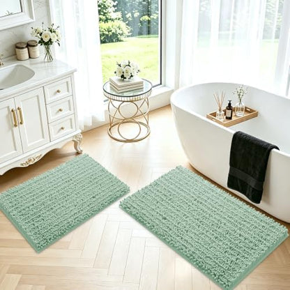 ACCUMTEK Upgrade Luxury 2 Piece Sage Green Toilet Bathroom Rug Mat 32"x20"+24"x17", Ultra Soft Thick Absorbent Bath Mats, Non Slip Chenille Toilet Mat for Bathroom, Bedroom, Kitchen, Shower, Tub