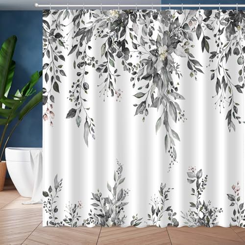 Eucalyptus Shower Curtain, Abstract Aesthetic Art Watercolor Plant Leaves with Floral Bathroom Decor, Waterproof Fabric Cloth Bath Curtain Set with Hooks (Dark Gray, 72x72 Inches)