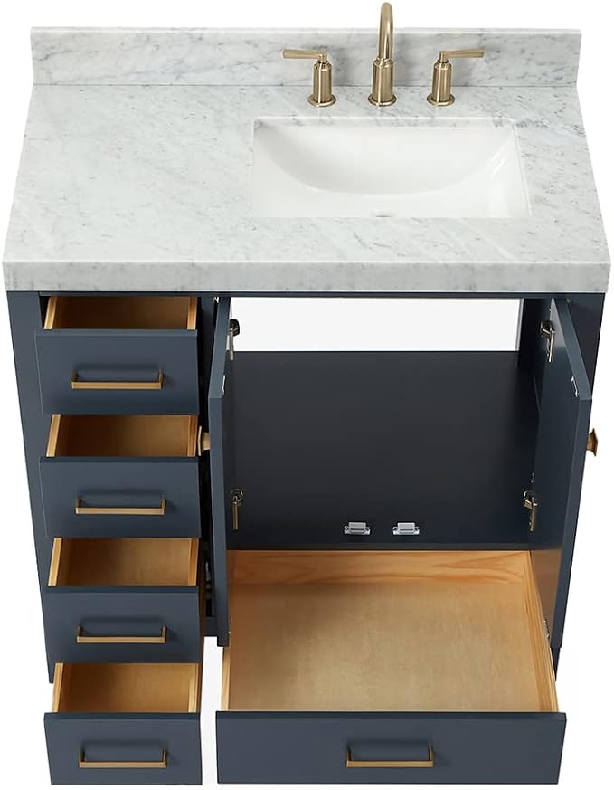 ARIEL Cambridge 36-inch Bathroom Vanity with Sink,Solid Wood, 2-inch Italian Carrara Marble Countertop, Single Rectangular Porcelain Sink, 2 Soft Closing Doors, 5 Dovetail Drawers, Midnight Blue