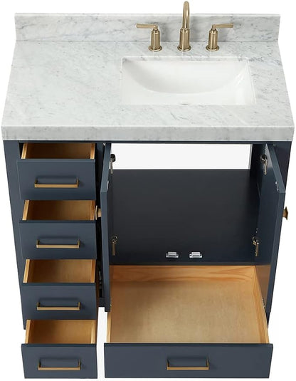 ARIEL Cambridge 36-inch Bathroom Vanity with Sink,Solid Wood, 2-inch Italian Carrara Marble Countertop, Single Rectangular Porcelain Sink, 2 Soft Closing Doors, 5 Dovetail Drawers, Midnight Blue