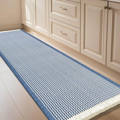 Extra Large Waffle Bath Mat Blue & Cream 6'x2', Boho Woven Modern Bath Mat Rugs, Absorbent Non Slip Bathroom Rugs, Soft Washable Bath Rugs with Tassels for Bathroom, Bedroom, Kitchen, Shower, Tub