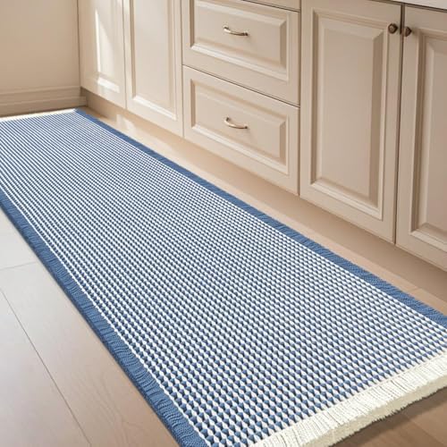 IM HOME Waffle Bath Mat Blue & Cream 4'x2', Boho Woven Modern Bath Mat Rugs, Absorbent Non Slip Bathroom Rugs, Soft Washable Bath Rugs with Tassels for Bathroom, Bedroom, Kitchen, Shower, Tub