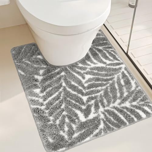 Gray Toilet Rug - U-Shaped Grey Bath Mat Tropical Leaf Bath Rugs Non Slip Washable for Bathroom Floor, Cute Bathmat Restroom Rug, Plant Absorbent U Shape Bathroom Mats Botanical Home Decor 20" x 24"