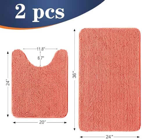 OLANLY Chenille Bathroom Rugs Mats Sets 2 Piece, 36"x24"+24"x20", Coral