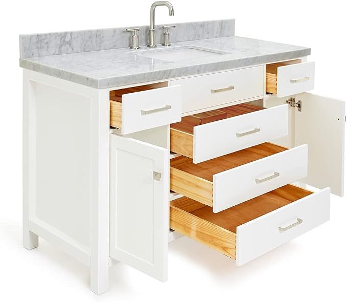 DKB Alenza 54-Inch White Bathroom Vanity with Sink, Italian Carrara Marble Countertop & Backsplash, Rectangular Undermount, 2 Soft Closing Doors, 5 Dovetail Drawers, Brushed Nickel Hardware