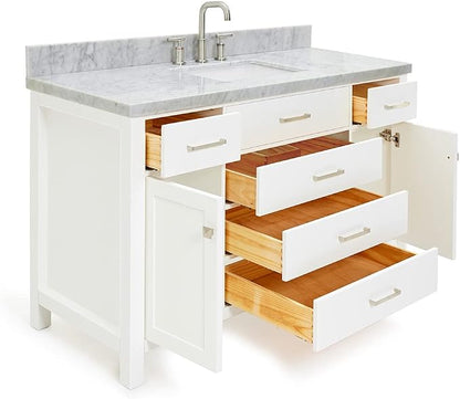 DKB Alenza 54-Inch White Bathroom Vanity with Sink, Italian Carrara Marble Countertop & Backsplash, Rectangular Undermount, 2 Soft Closing Doors, 5 Dovetail Drawers, Brushed Nickel Hardware
