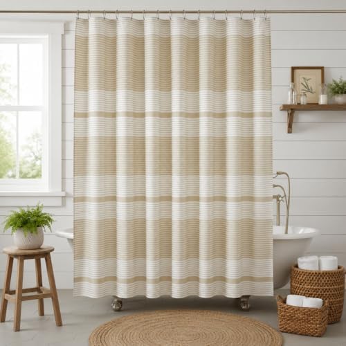 Serafina Home Tan Beige White Striped Cotton Bathroom Shower Curtain