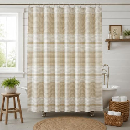 Serafina Home Tan Beige White Striped Cotton Bathroom Shower Curtain