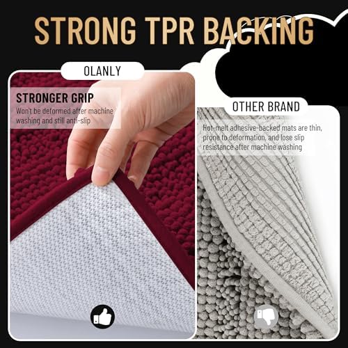 OLANLY Thick Bathroom Rugs 30x20, Soft Chenille Striped Bath Rugs, Burgundy