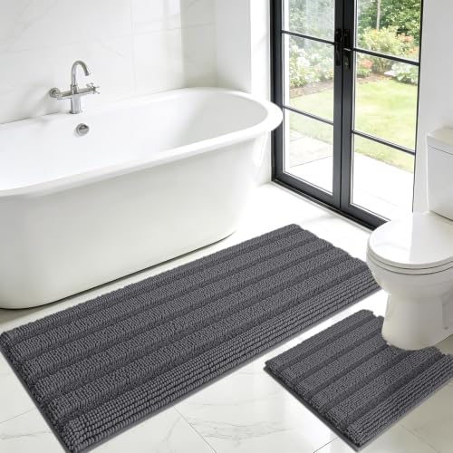 Striped Grey Toilet Bathroom Rug Mat Bath Mat Set 2 piece Ultra Soft, Non Slip Chenille Bath Rugs, Absorbent Plush Shaggy Bath Mats for Bathroom, Bedroom, Kitchen, Shower, Tub,Dark Gray, Charcoal