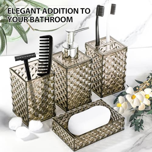 RYTOXILO Brown Bathroom Accessories Set, 4 Pack Acrylic Bath Accessory Sets Complete, Diamond Soap Dispenser and Toothbrush Holder Bathroom Counter Sink Set, Boho Modern Bathroom Decor