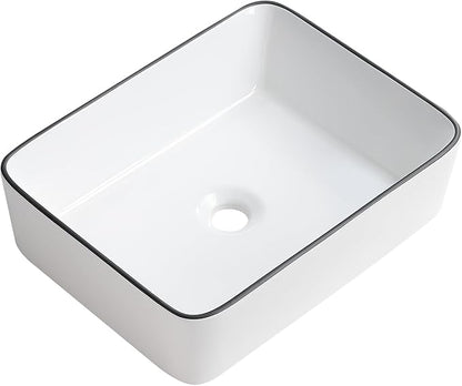 White Vessel Sink,Rectangle 19"x15" Bathroom Sink Above Counter Porcelain Ceramic Small Sink Bowl Ceramic Vessel Sinks for Bathrooms