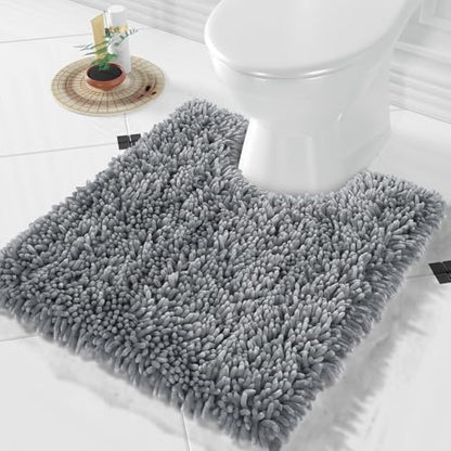 Yimobra Toilet Rugs U Shaped Washable, Extra Thick Soft Absorbent Chenille Contour Bathroom Rugs for Toilet 24x20 Inch, Quick Dry Non Slip Toilet Mat for Bath Floor, Silver