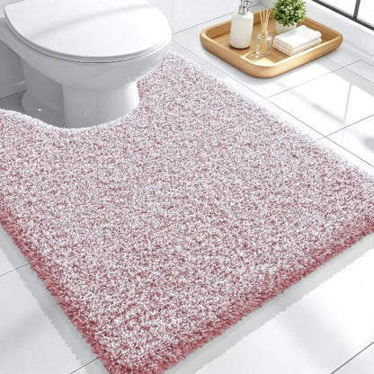 OLANLY Microfiber Bathroom Rugs U-Shaped Mats 24x20, Deep Rose and White