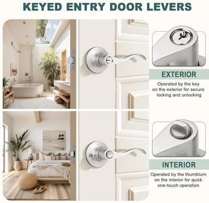 GOBEKOR Entry Door Handles with Lock and Same Keys, Brushed Nickel Keyed Aliked Entry Door Lock Sets for Exterior & Interior Doors, Reversible Door Levers for Bedroom Bathroom, 2 Pack