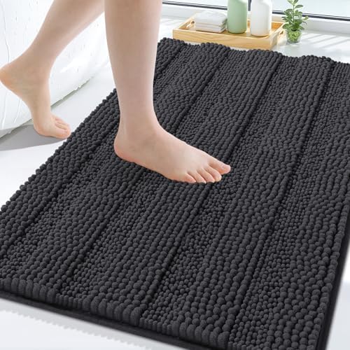 Grandaily Chenille Striped Bathroom Rugs 47x32, Extra Thick and Soft Absorbent Bath Mats, Rubber Backing, Plush Shaggy Shower Carpet, Machine Wash Dry, Bath Rug for Bathroom, Charcoal